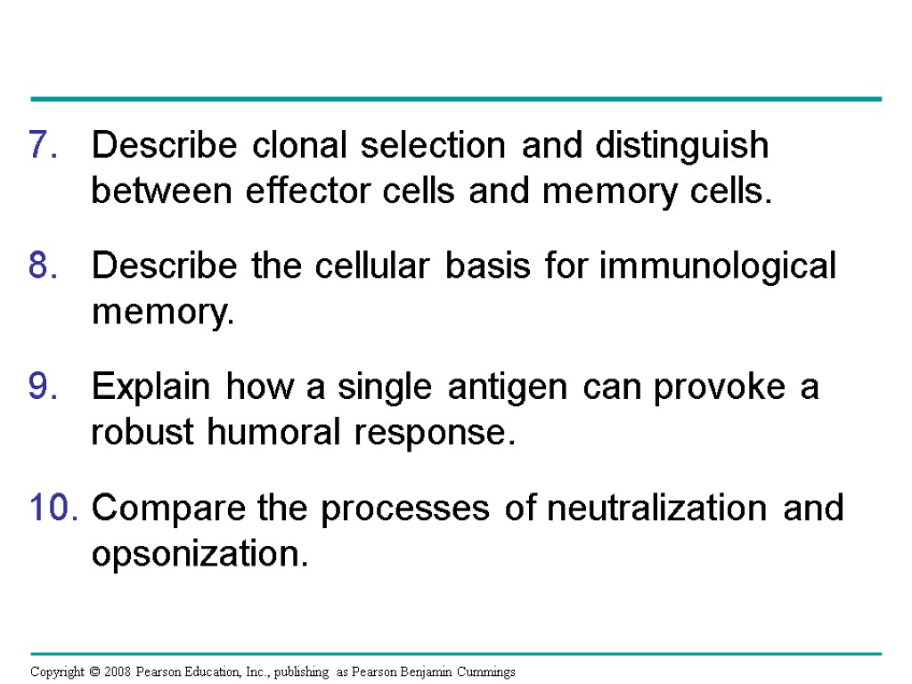 Describe clonal selection and distinguish between effector cells and memory cells. Describe the cellular